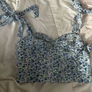 SHEIN Blue and White Tie Front Crop Tank Top